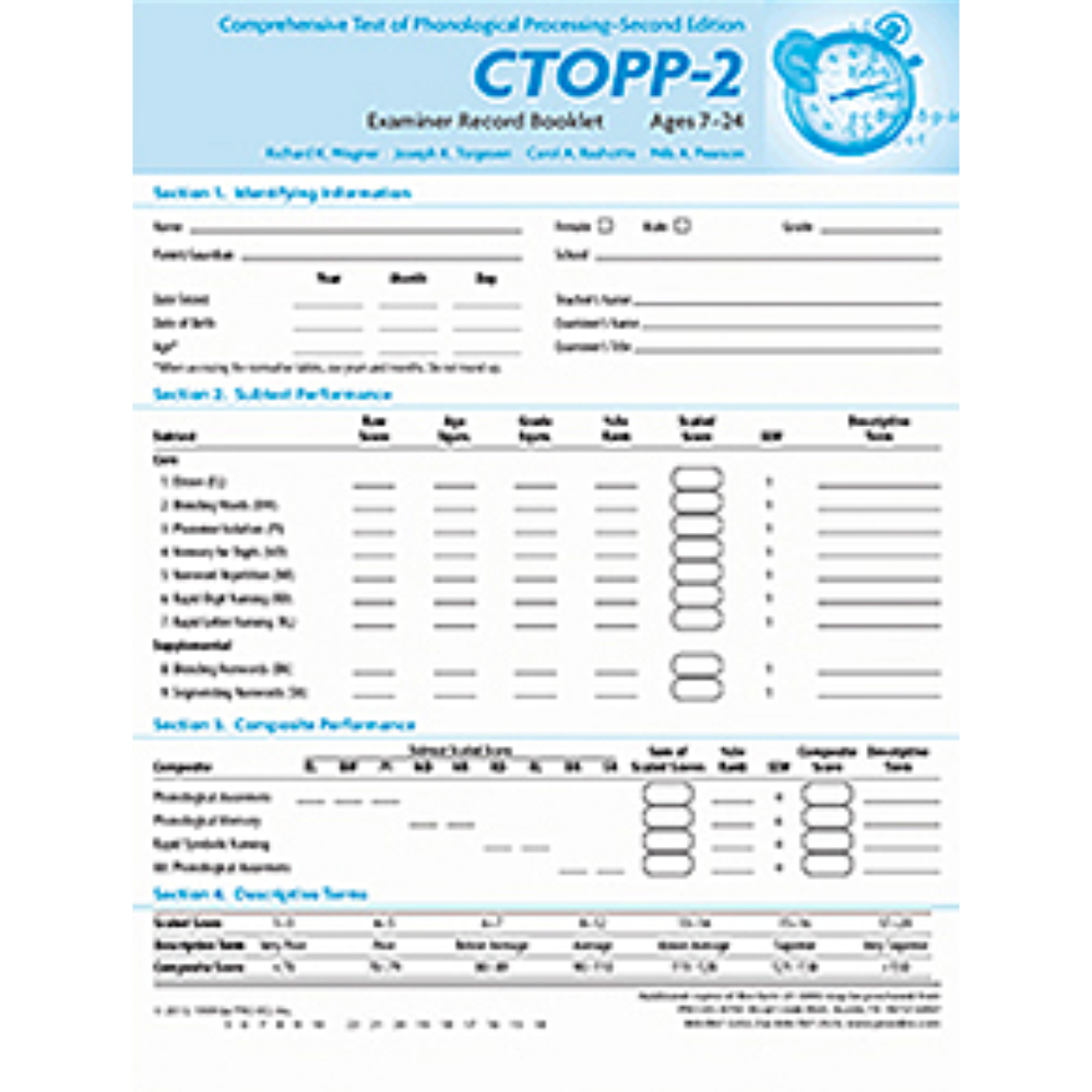 Comprehensive Test of Phonological Processing (CTOPP 2), Second Edition, Examiner Record Booklet (Ages 7-24), Canada