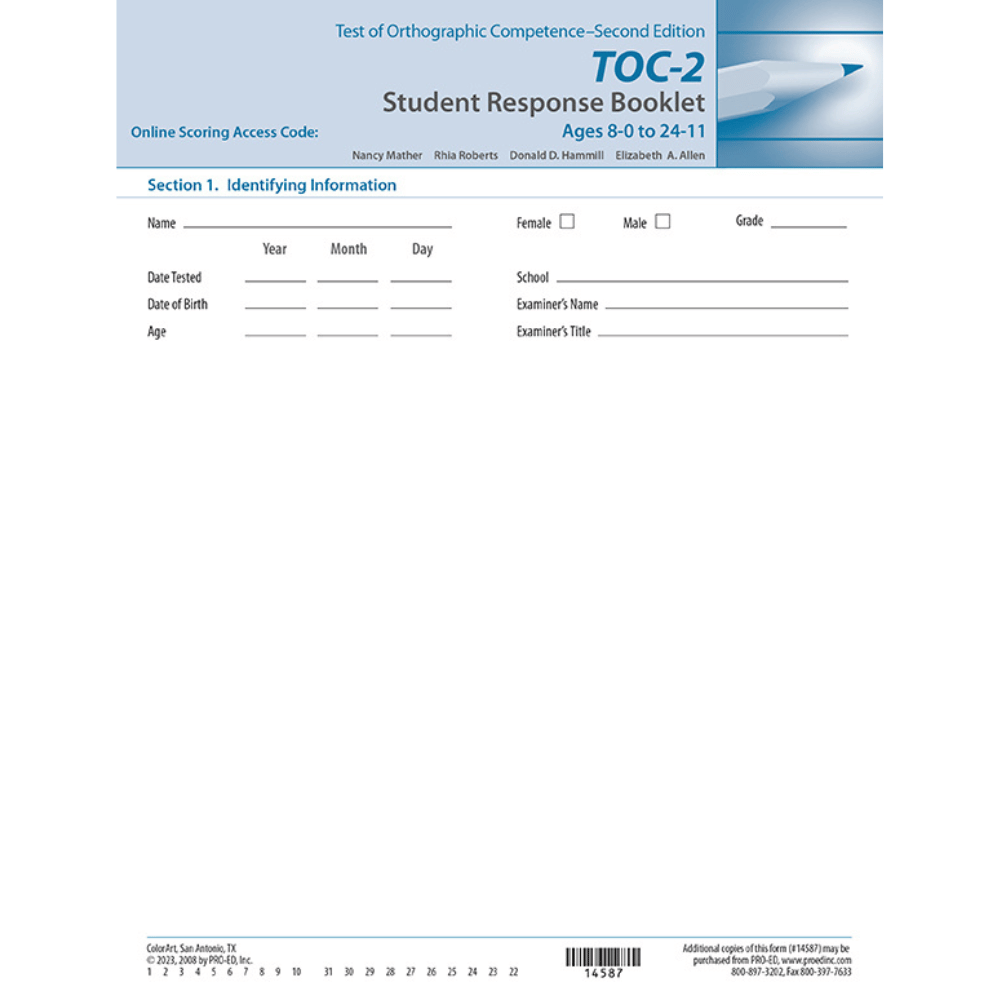 TOC-2: Test of Orthographic Competence (Second Edition) Students Response Booklet