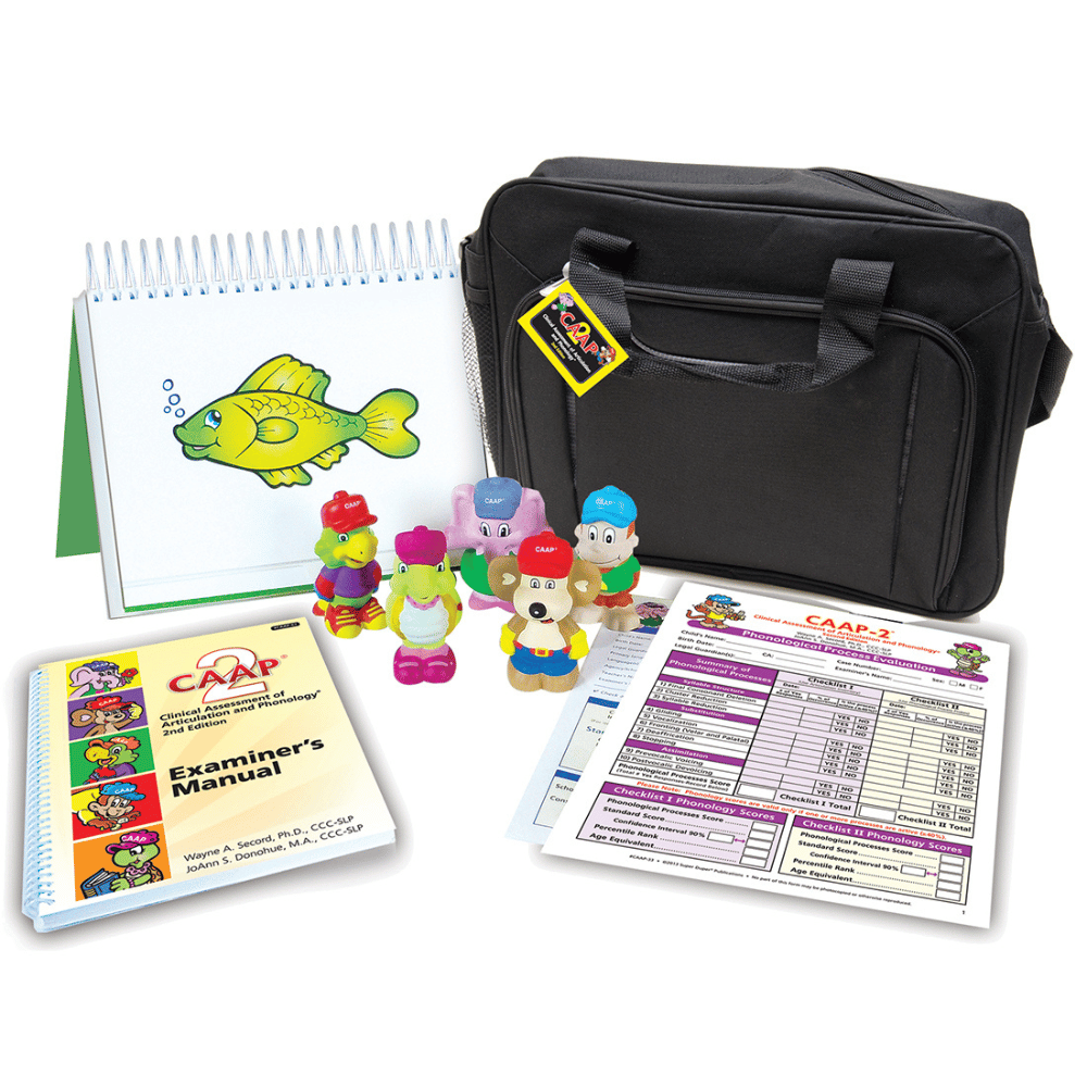 Clinical Assessment of Articulation and Phonology, Second Edition, (CAPP-2), Canada, assessment kit with several forms, a picture book, five animal toys, and a black tote