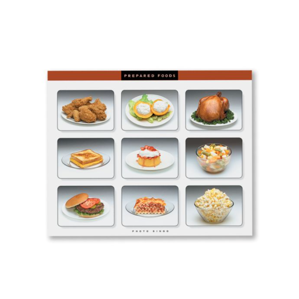Card with images of various prepared foods on a white background
