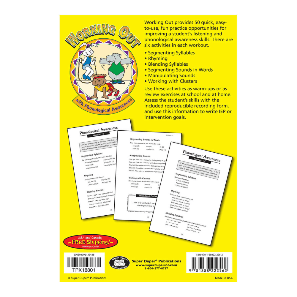 Working Out with Phonological Awareness book back cover with summary of phonological awareness activities