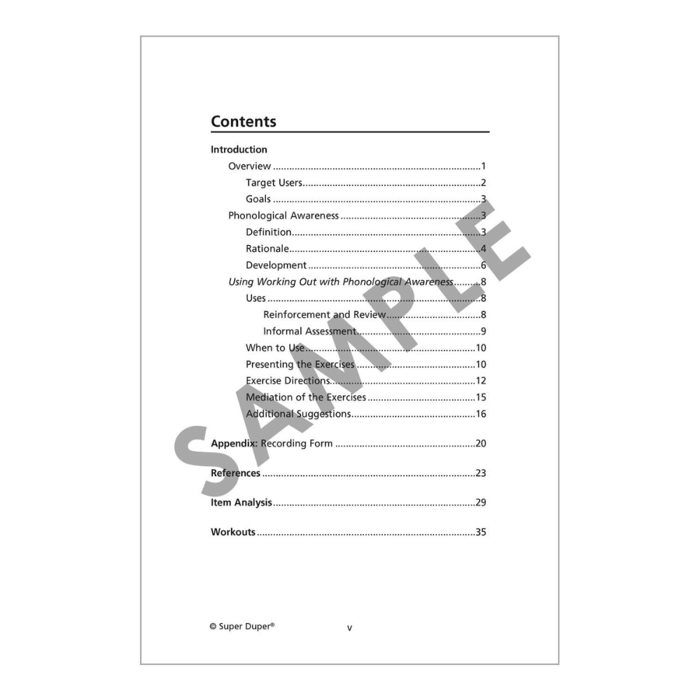 Working Out with Phonological Awareness, table of contents listing rhyming, blending, and segmenting activities
