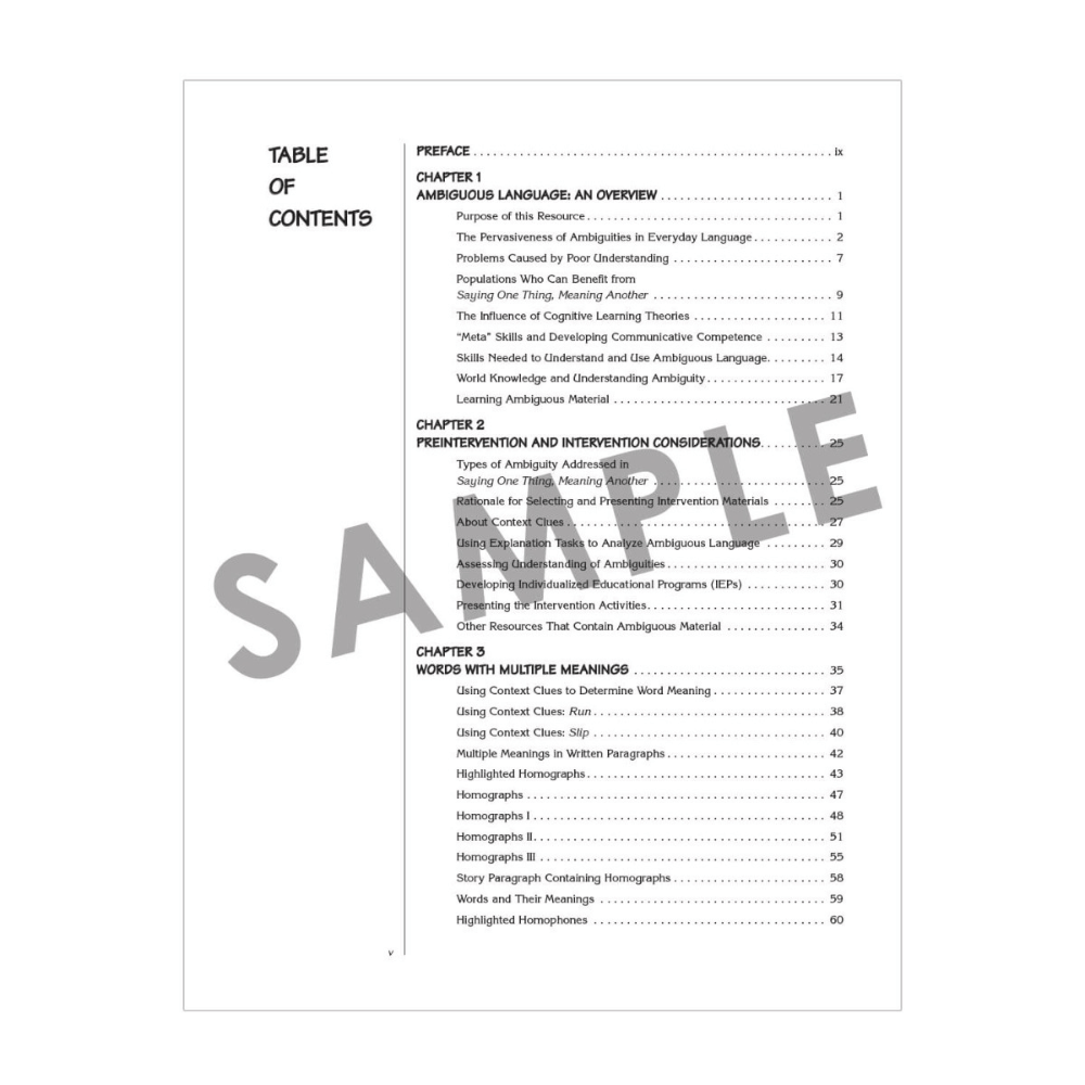 Saying One Thing, Meaning Another table of contents with activity topics and language concepts