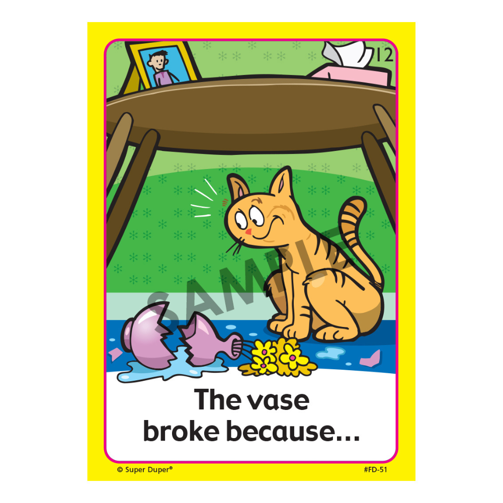 Understanding Inferences Fun Deck® sample with an illustration of a cat looking at a broken flower vase