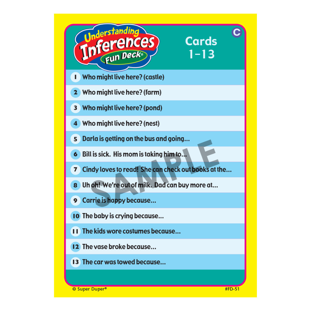 Understanding Inferences Fun Deck® Table of Contents card