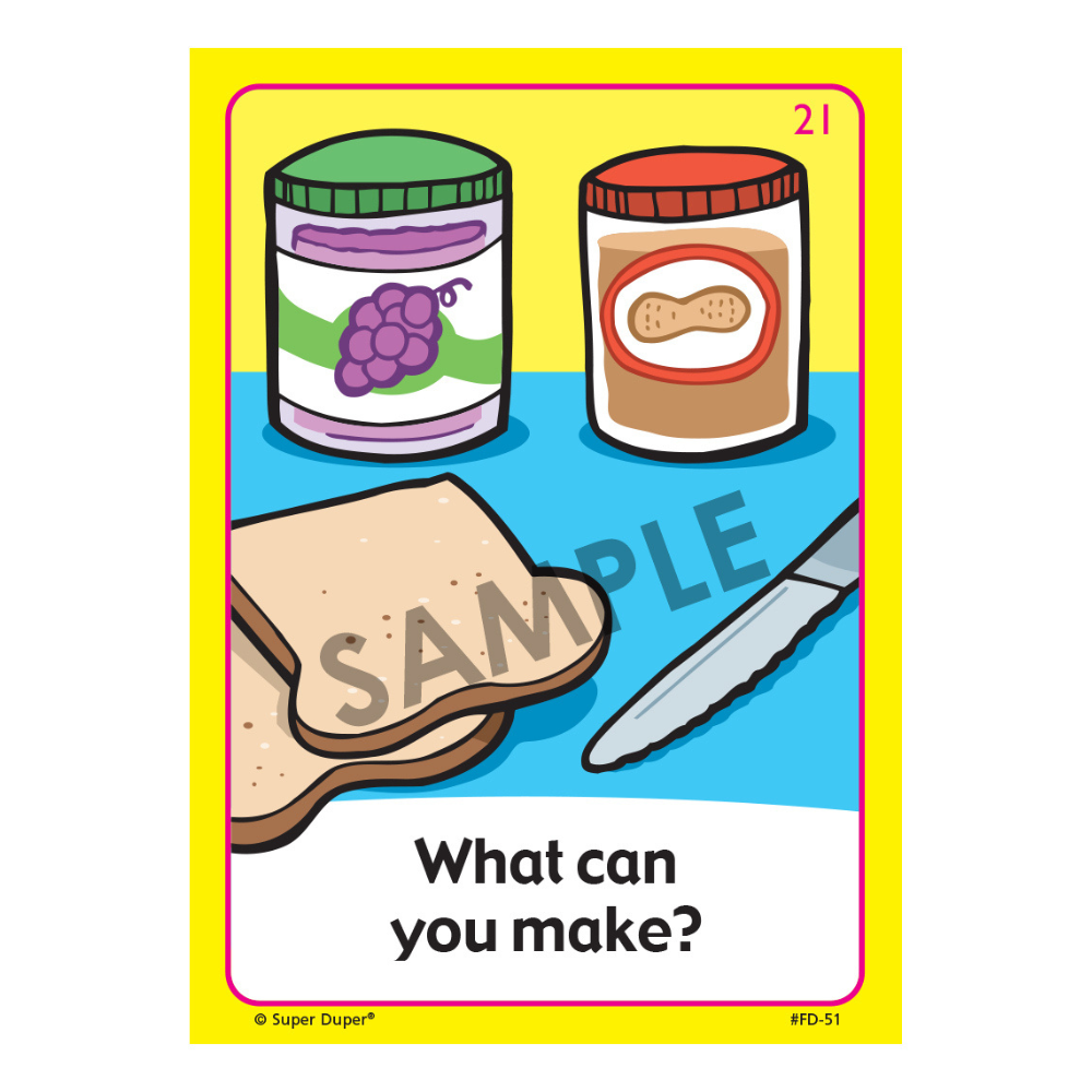 Understanding Inferences Fun Deck® sample with an illustration of peanut butter and jelly sandwich ingredients