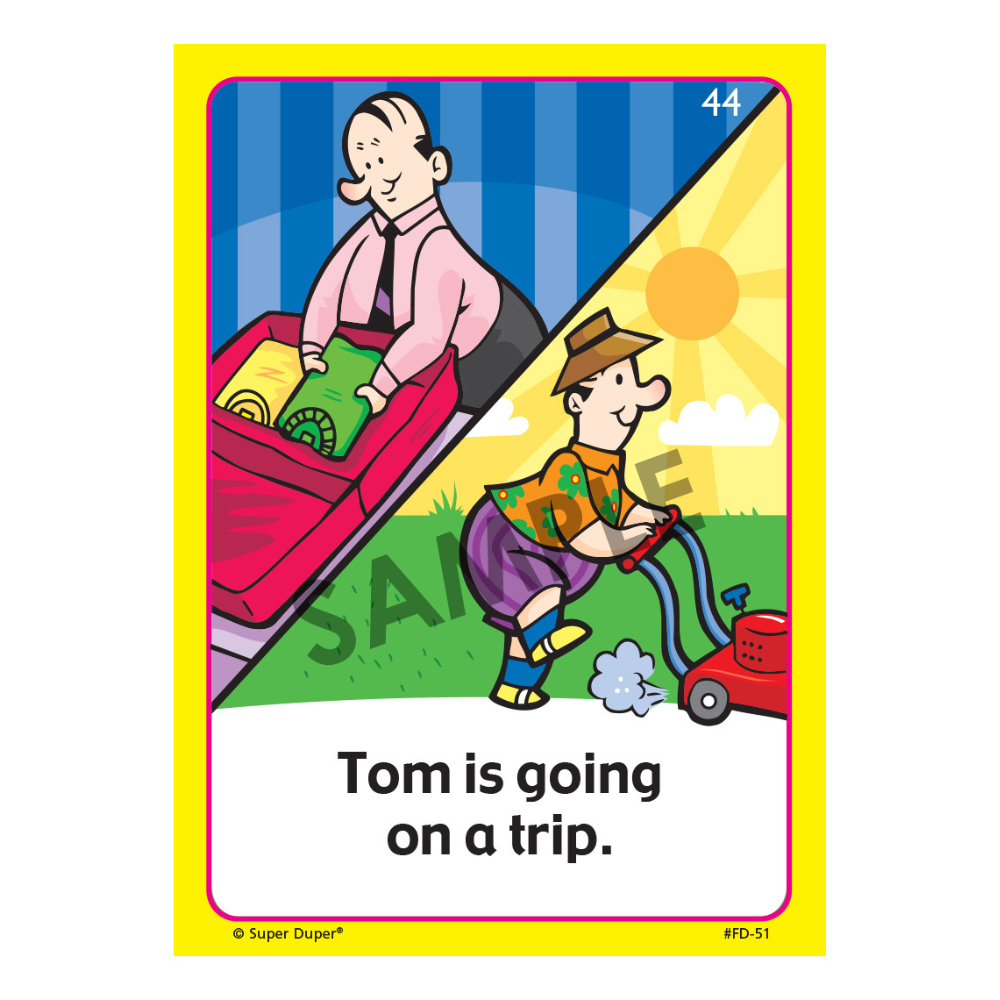 Understanding Inferences Fun Deck® sample with an illustration of a man packing to go on a trip