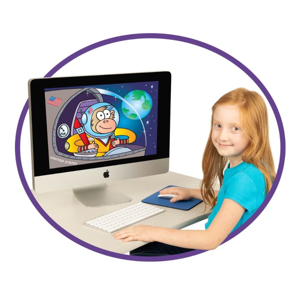 Young girl sitting at a computer watching High-Interest Quick Stories to work on her auditory memory and comprehension skills