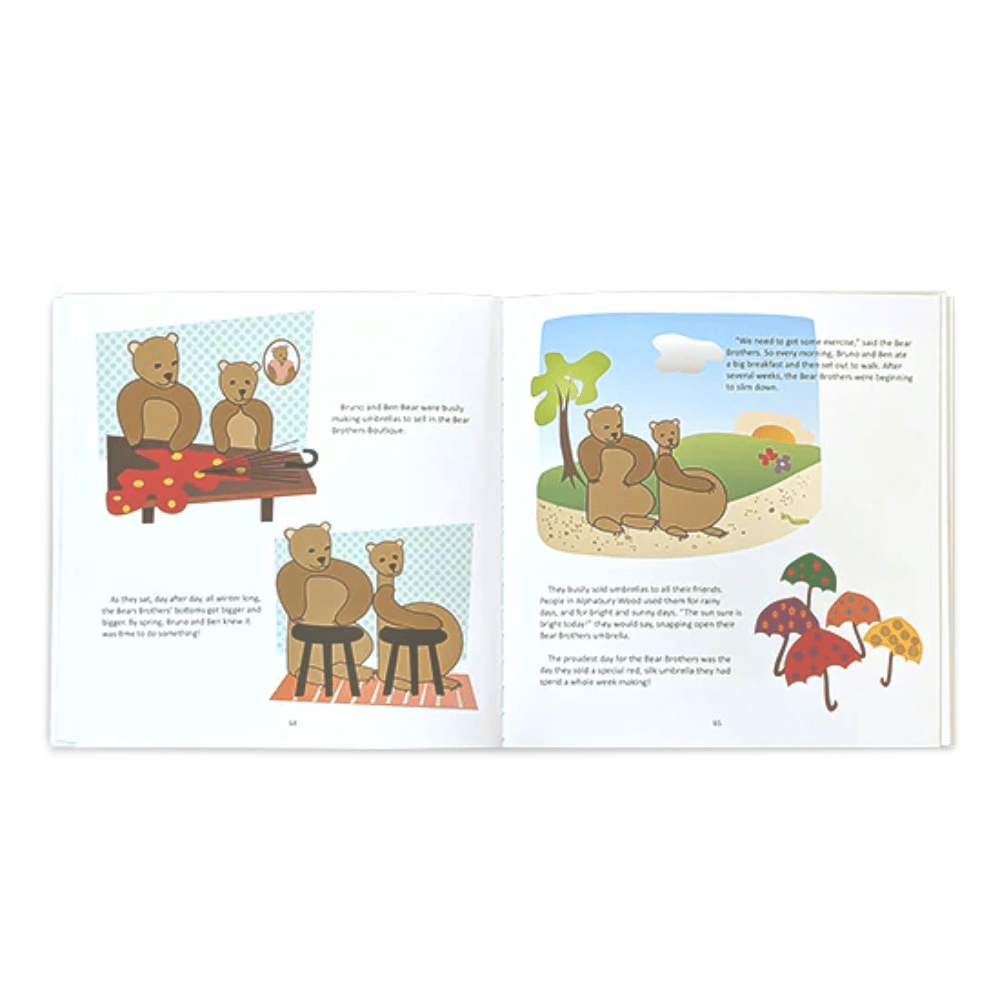 A story about the letter B in a cartoon style illustration showing bears that are shaped like the letter B.