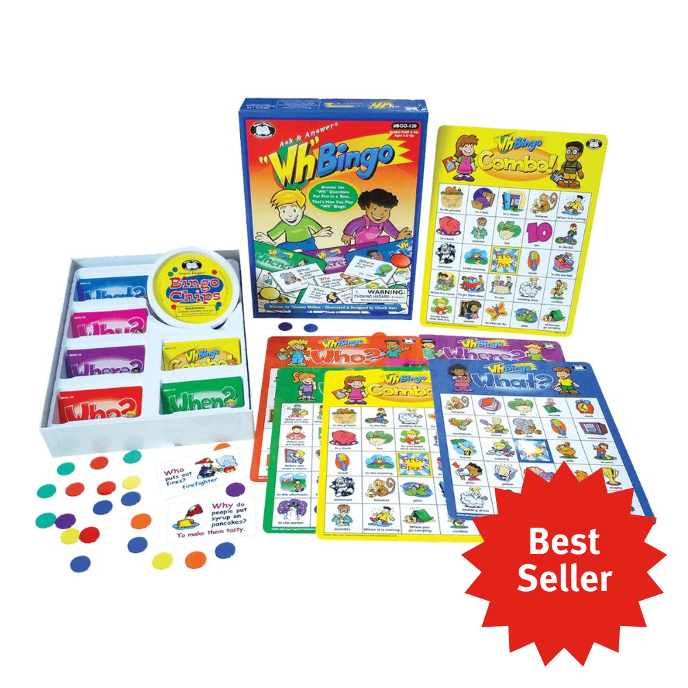 Ask & Answer Bingo Game, children's speech therapy tool to teach "Wh" questions and answers, Super Duper's Canadian retailer