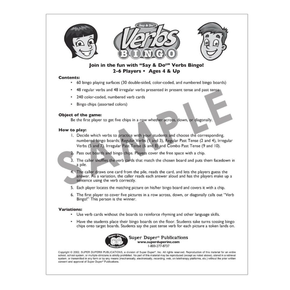 Say & Do® Verbs Bingo Instructions