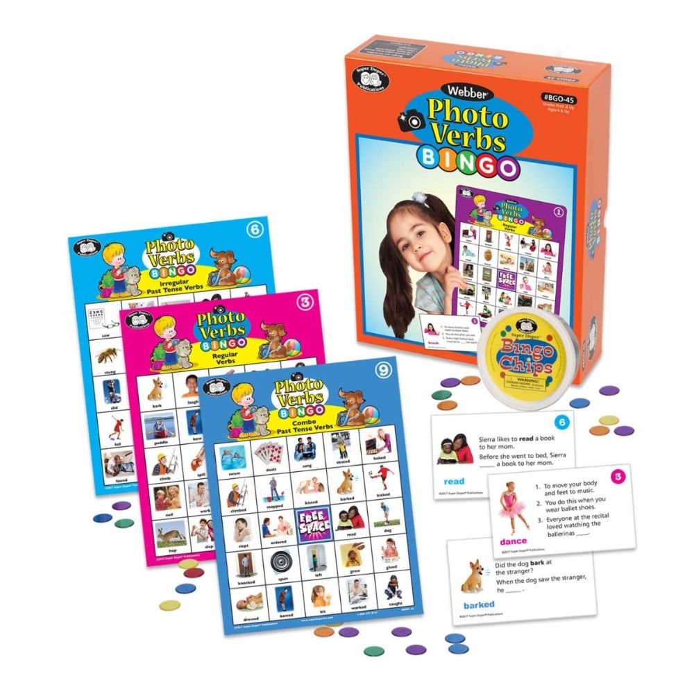 Photo Verbs Bingo set, a photo-based bingo game that helps children learn vocabulary and language skills, Canada