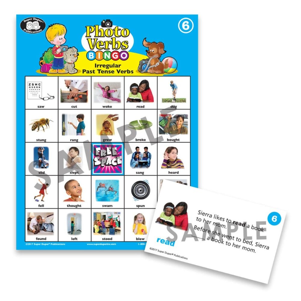 Photo Verbs Bingo, Irregular Past Tense Verbs photo bingo card
