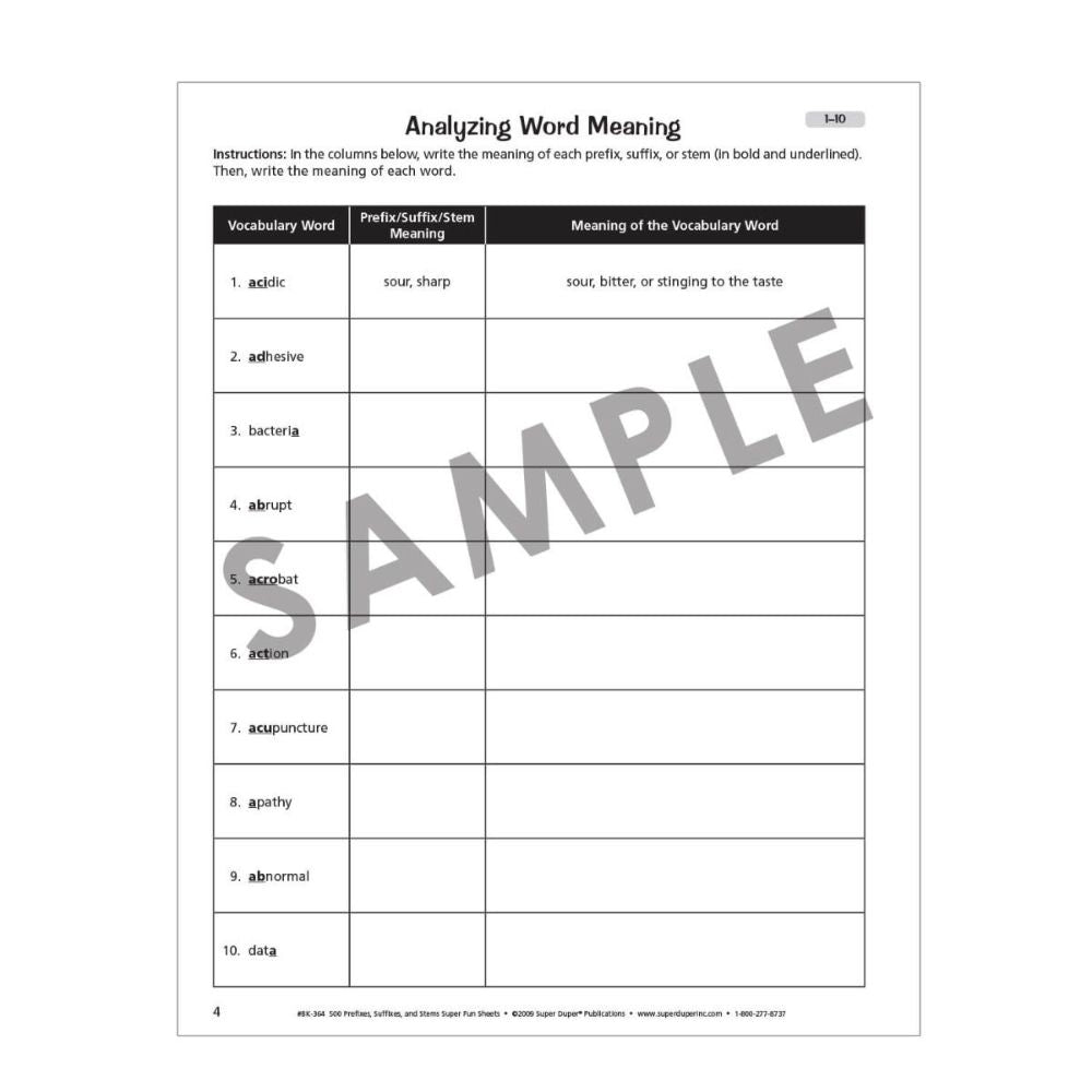 500 Prefixes, Suffixes, and Stems Super Fun Sheets analyzing word meaning worksheet sample