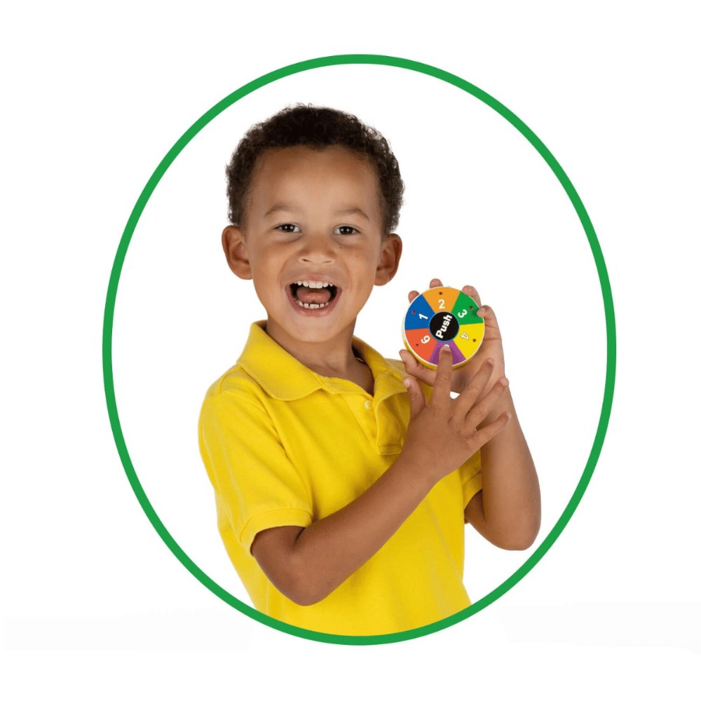 A young male speech therapy student with brown hair using the Electric Spinner (Numbers 1-6)