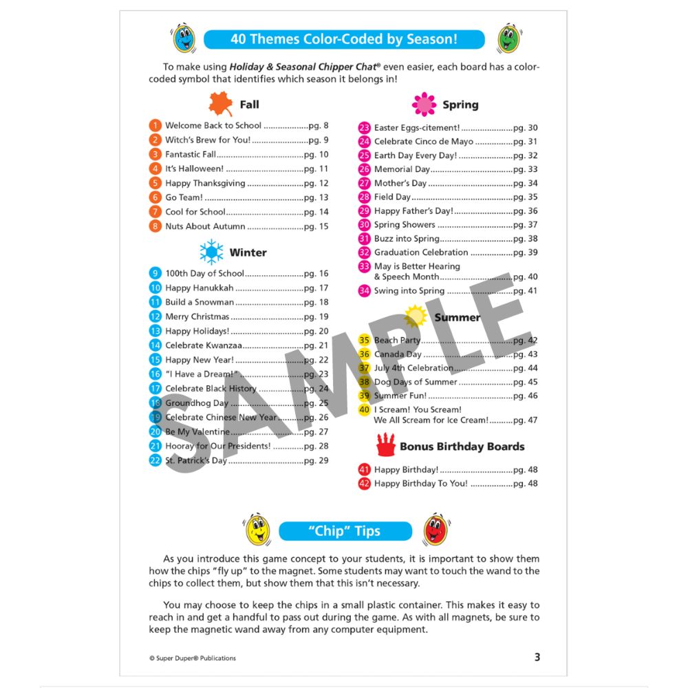 Holiday & Seasonal Chipper Chat® open-ended game boards for children; themes