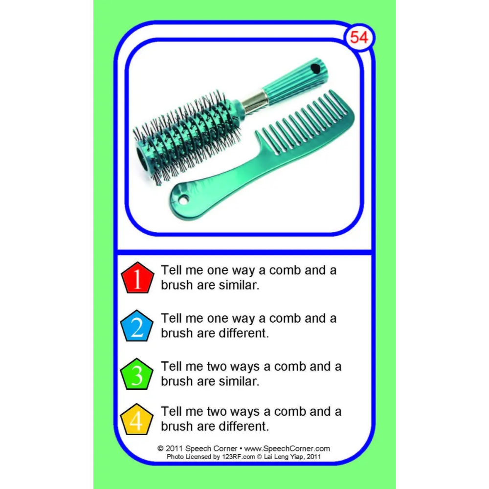 A speech therapy card featuring a green hairbrush and comb at the top, with four numbered educational prompts about the similarities and differences between a comb and a brush on a white card with blue borders.