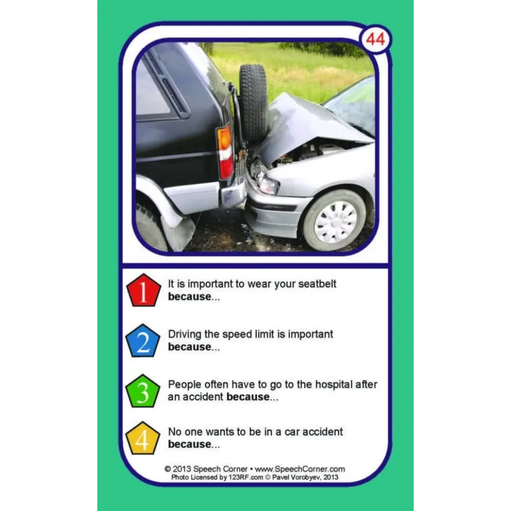 A square educational card with a green border and a central photo of a car accident, featuring four numbered safety facts in colored boxes.
