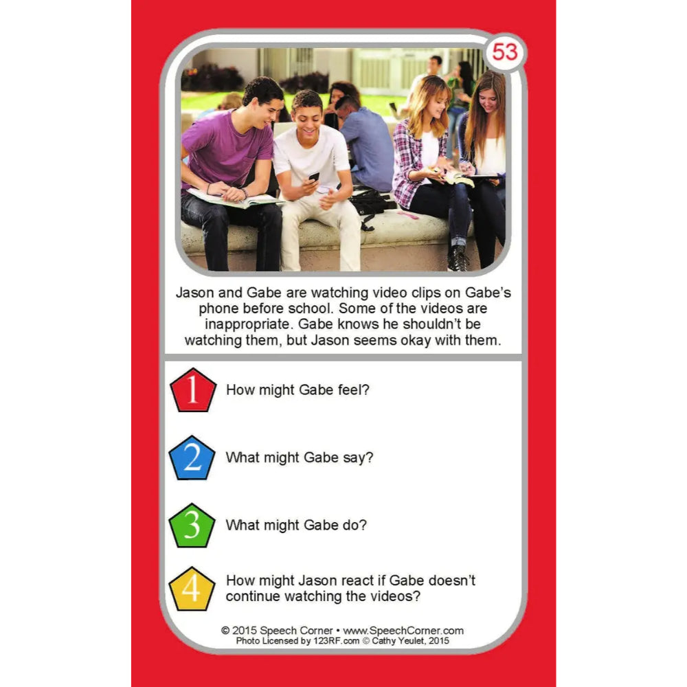 A speech therapy card from Speech Corner featuring a red border, a photo of a group of students, and multiple-choice questions about Jason and Gabe watching inappropriate video clips.