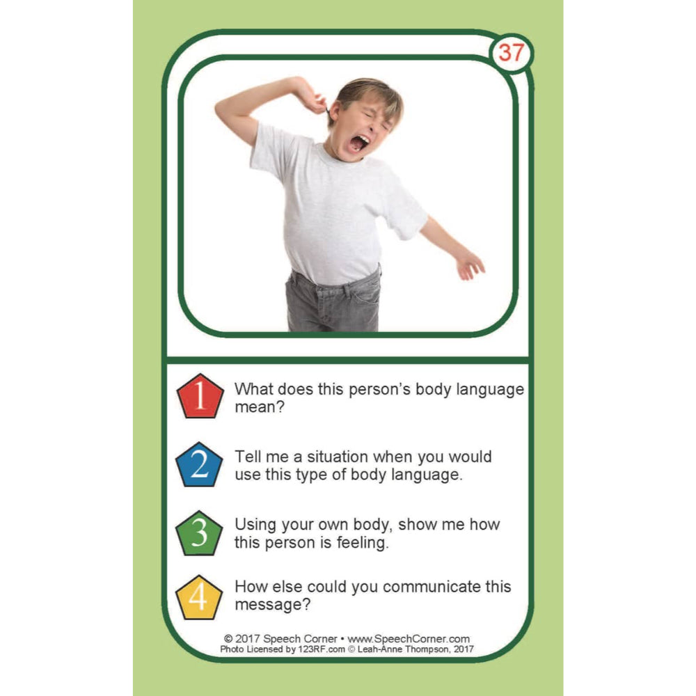 An educational speech therapy card from Speech Corner, featuring a photo of a child demonstrating body language and four text prompts about interpreting body language, set against a light green background.