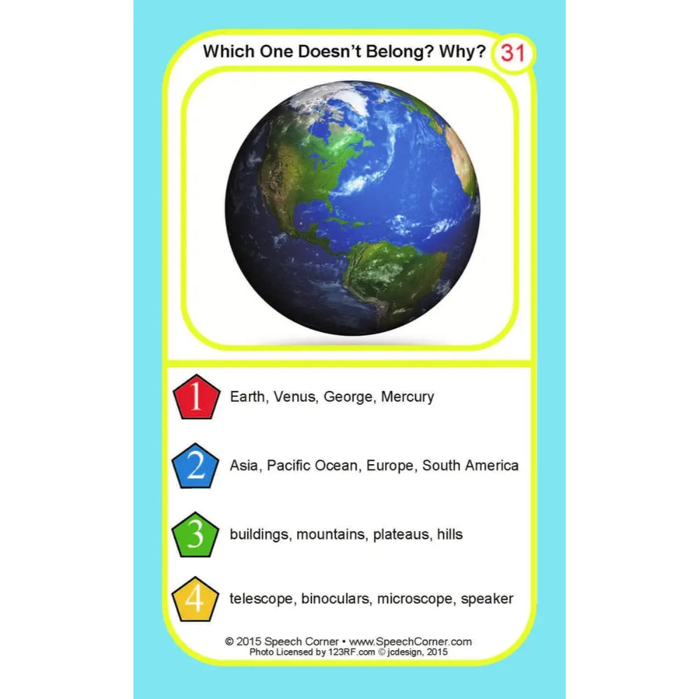 An educational card titled 'Which One Doesn't Belong? Why?' featuring a blue and green Earth image, with four multiple-choice options listed below on a light blue card background.