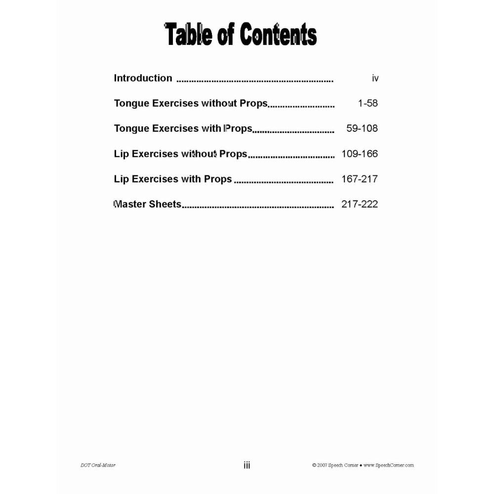 DOT Oral Motor Book Table of Contents