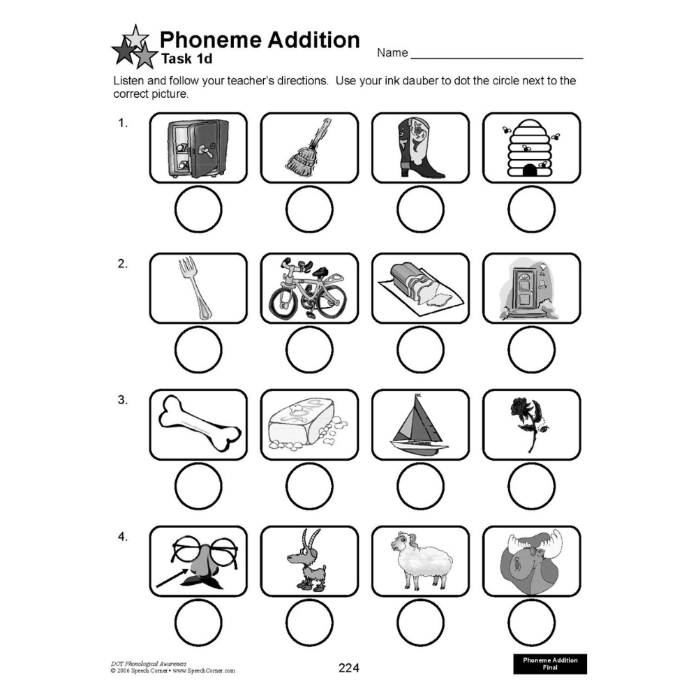 DOT Phonological Awareness Workbook Phoneme Addition Activity