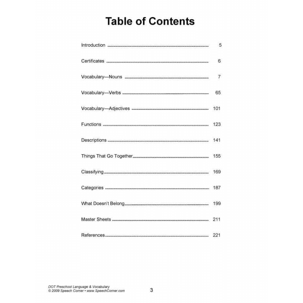 DOT Preschool Language and Vocabulary Table of Contents page