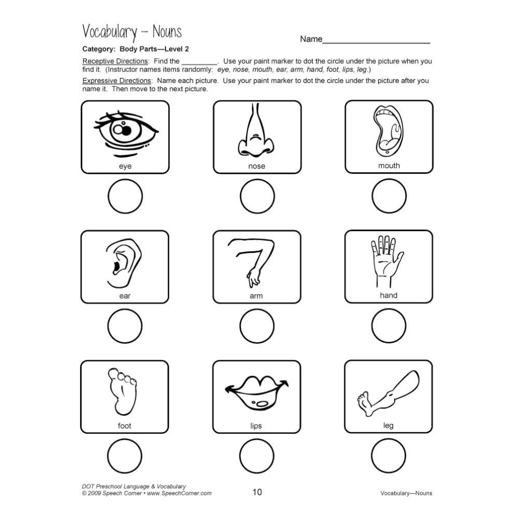 DOT Preschool Language and Vocabulary Vocabulary Nouns Level 2 worksheet illustrating body parts