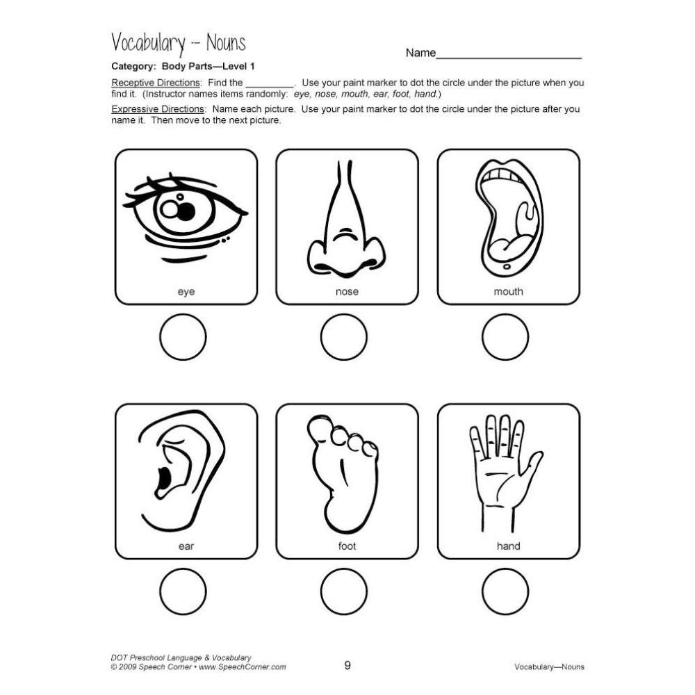 DOT Preschool Language and Vocabulary "Vocabulary Nouns" Worksheet with illustrations of different body parts