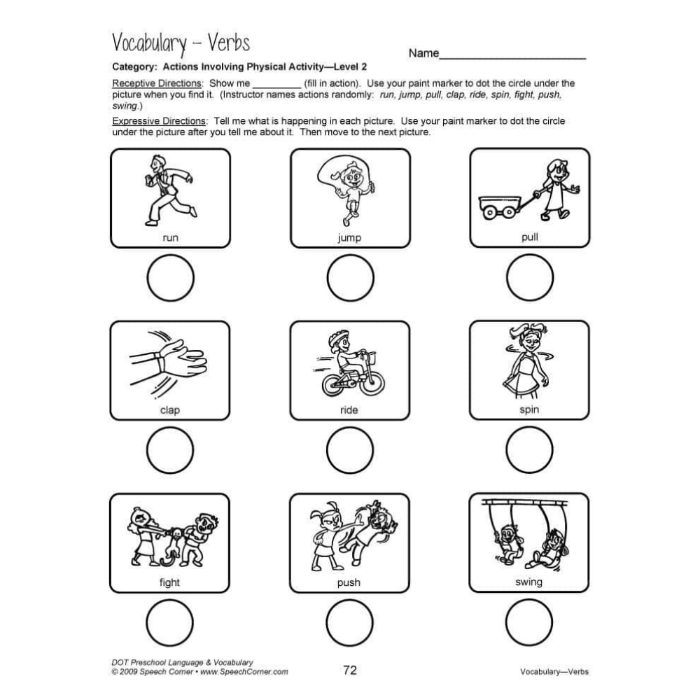 DOT Preschool Language and Vocabulary "Vocabulary Verbs" Level 2 worksheet illustrating verbs such as fight, push, and swing.