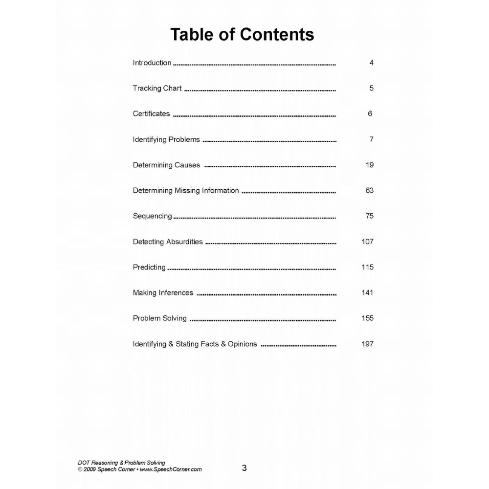 DOT Reasoning and Problem Solving Table of Contents