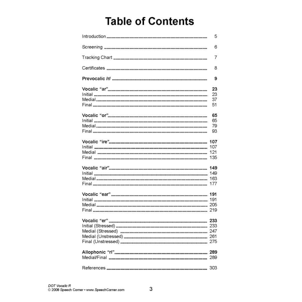 DOT Vocalic R Table of Contents