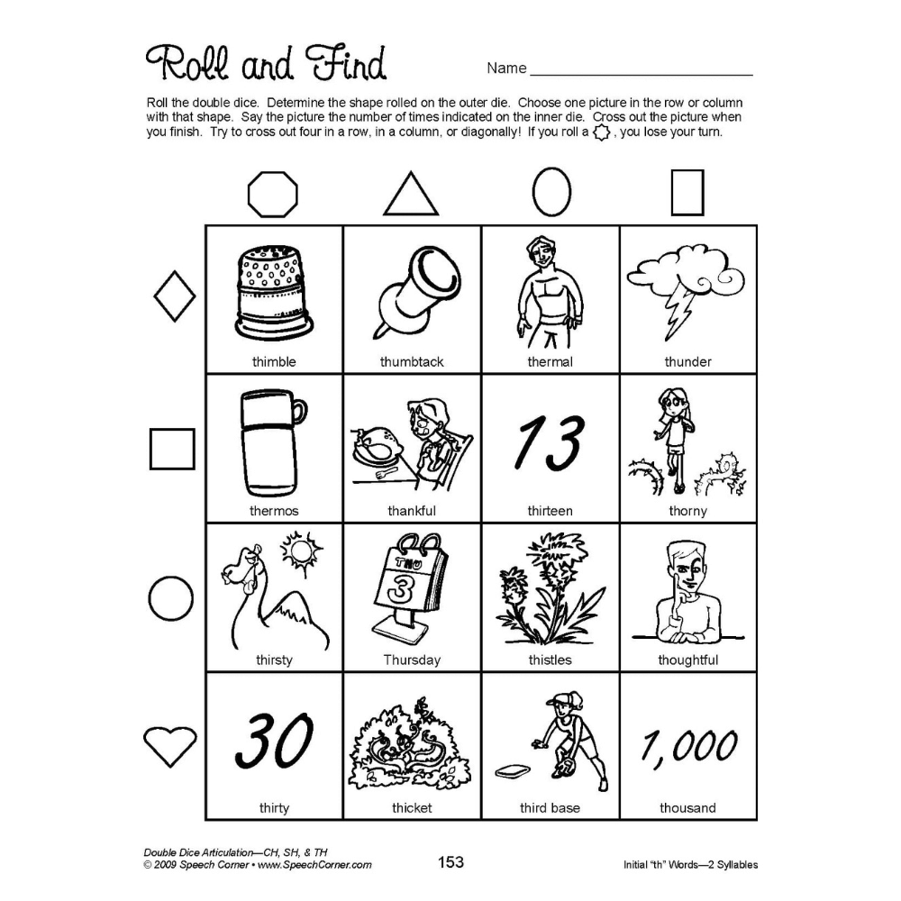 Double Dice Articulation (CH, SH, & TH) Workbook Exercise