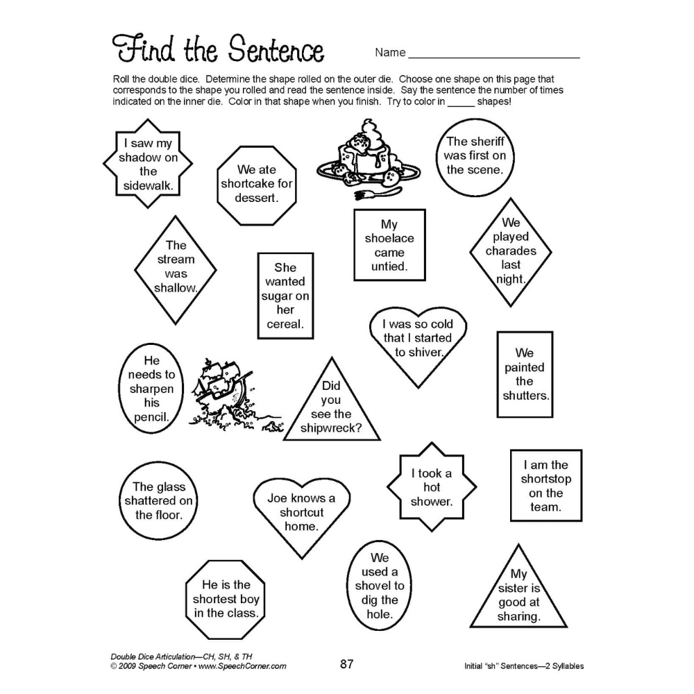Double Dice Articulation (CH, SH, & TH) Workbook Find the Sentence Exercise