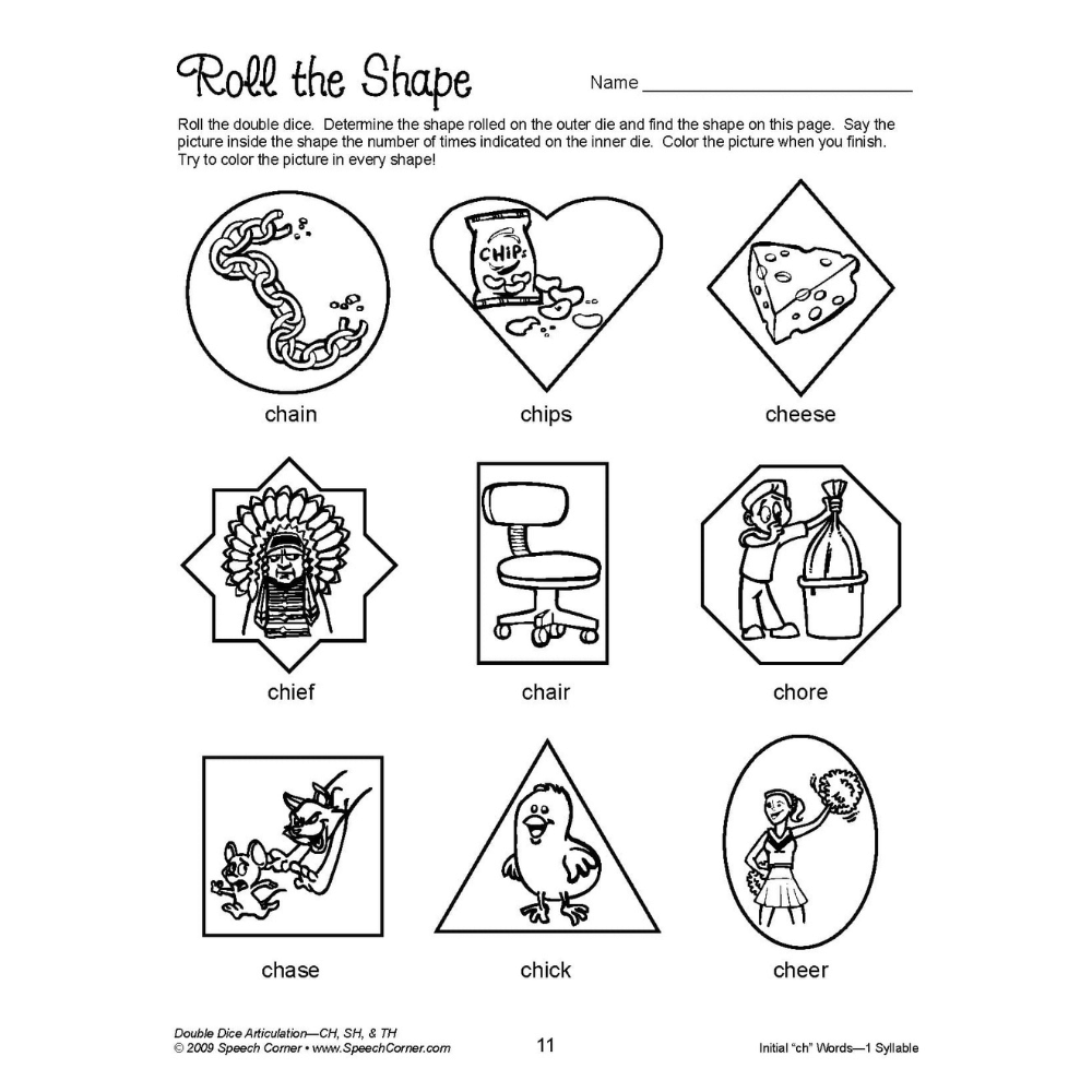 Double Dice Articulation (CH, SH, & TH) Workbook Roll the Shape Exercise