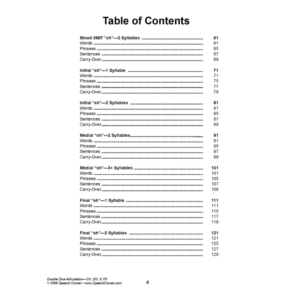 Double Dice Articulation (CH, SH, & TH) Workbook Table of Contents