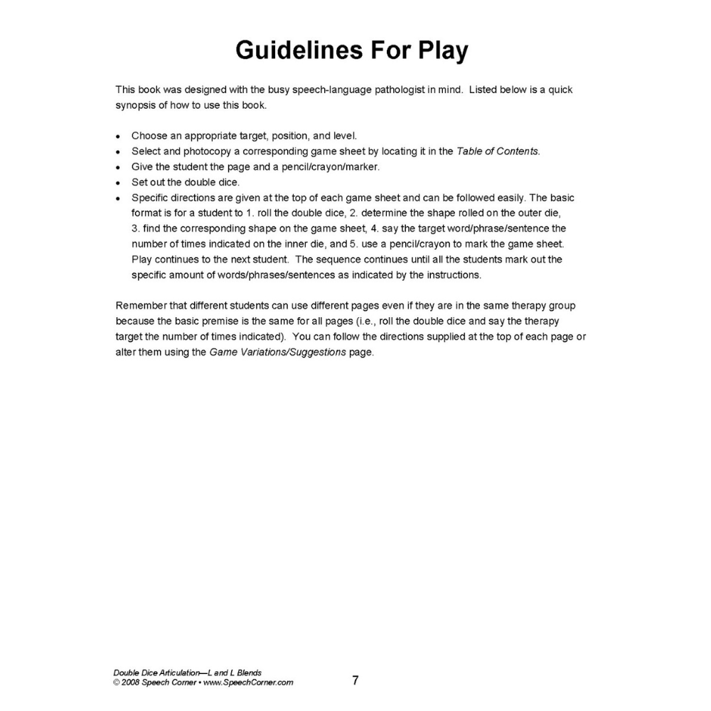 Double Dice Articulation Vocalic /L/ and /L/ Blends Guidelines for Play