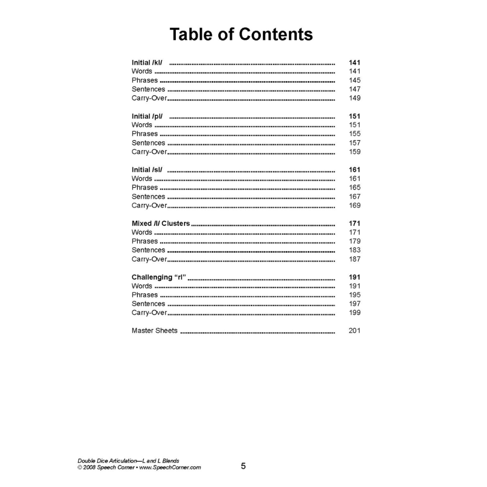 Double Dice Articulation Vocalic /L/ and /L/ Blends Table of Contents