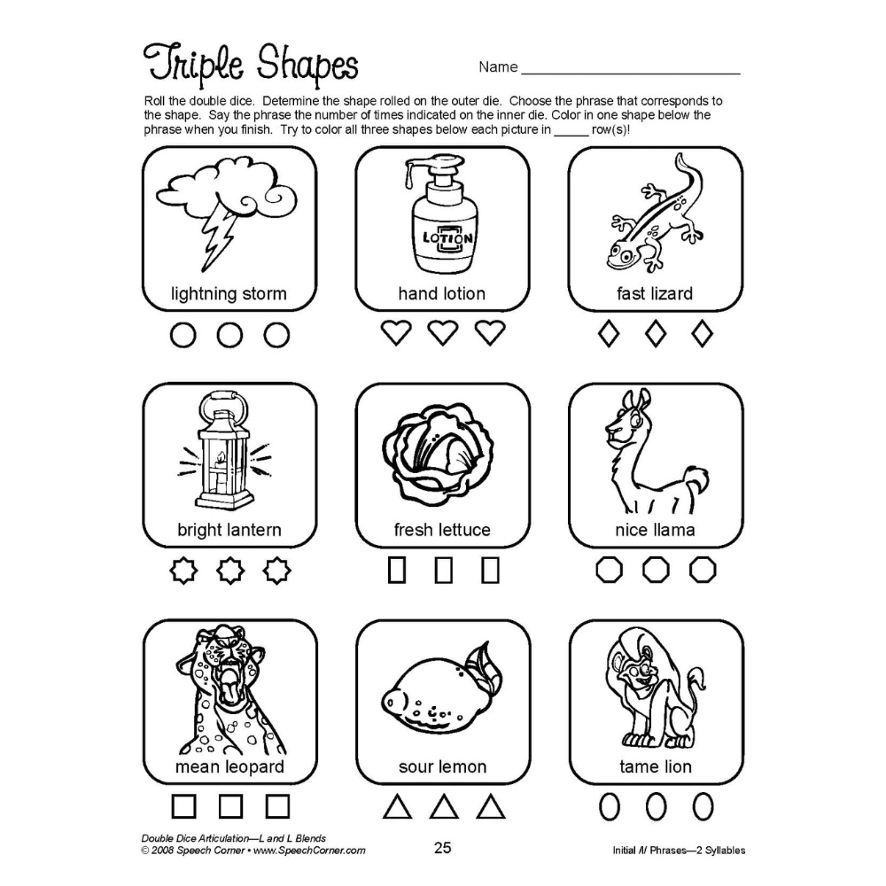 Double Dice Articulation Vocalic /L/ and /L/ Blends Triple Shapes