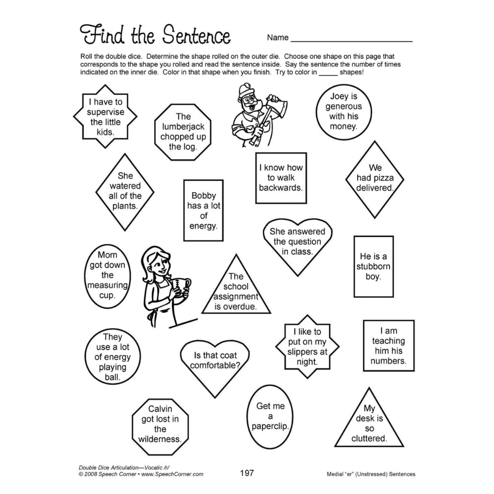 Double Dice Articulation Vocalic /R/ Find the Sentence