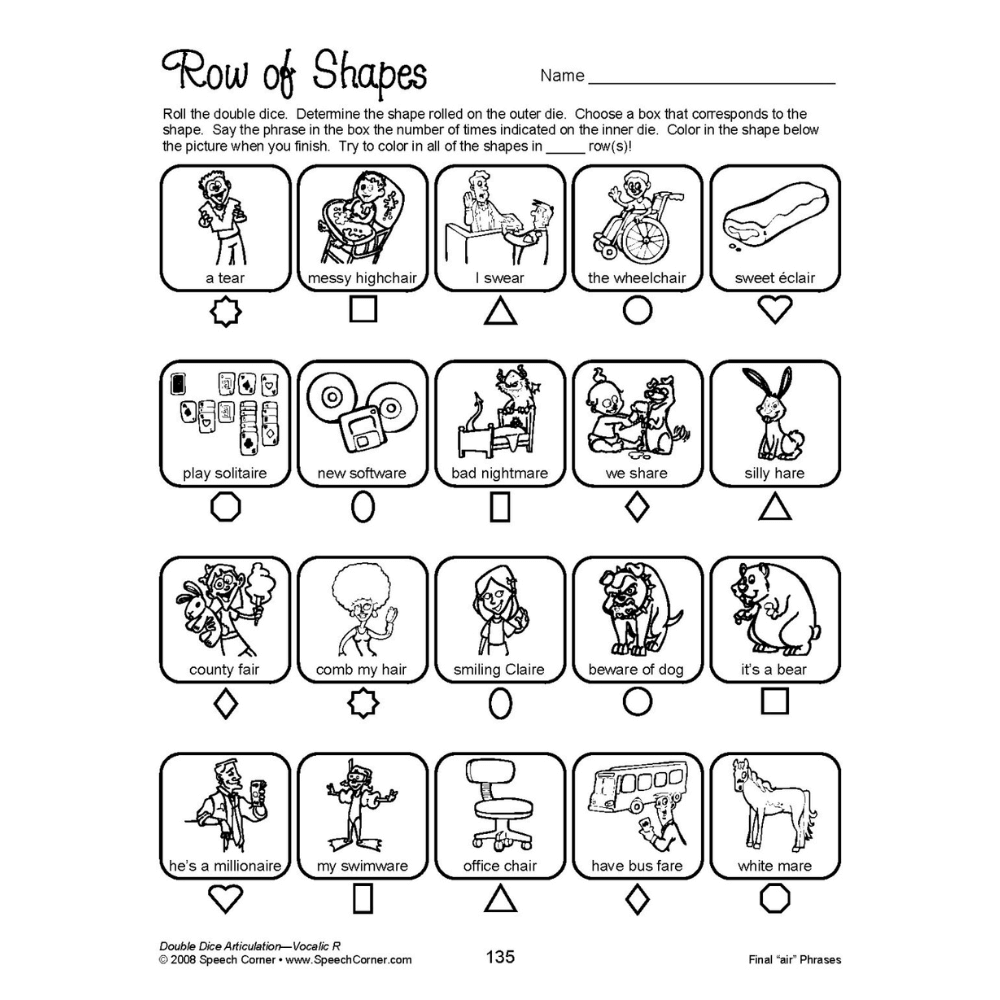 Double Dice Articulation Vocalic /R/ Row of Shapes