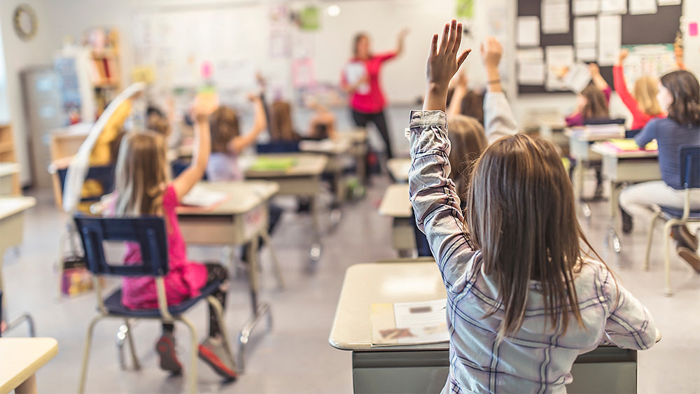 Students with raised hands asking questions in school