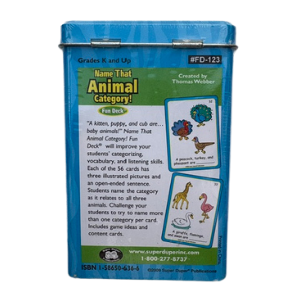 A blue plastic storage container for a children's card deck titled 'Name That Animal Category! Fun Deck'. The front of the container features a green and white label with product details, including the text 'Created by Thomas Webber' and sample animal cards shown on the right.
