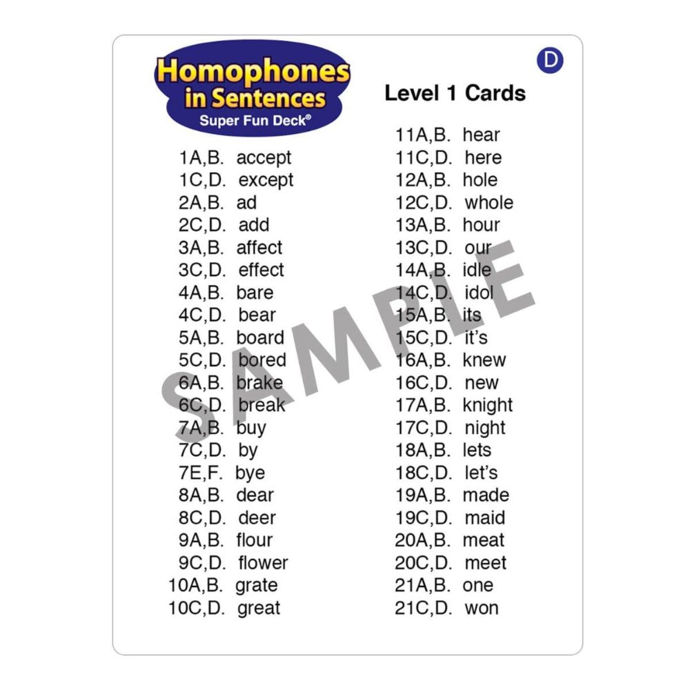 Homophones In Sentences Super Fun Deck®