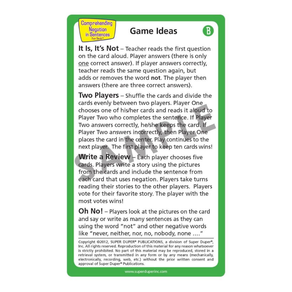 Comprehending Negation in Sentences Fun Deck