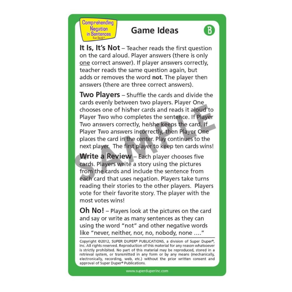Comprehending Negation in Sentences Fun Deck