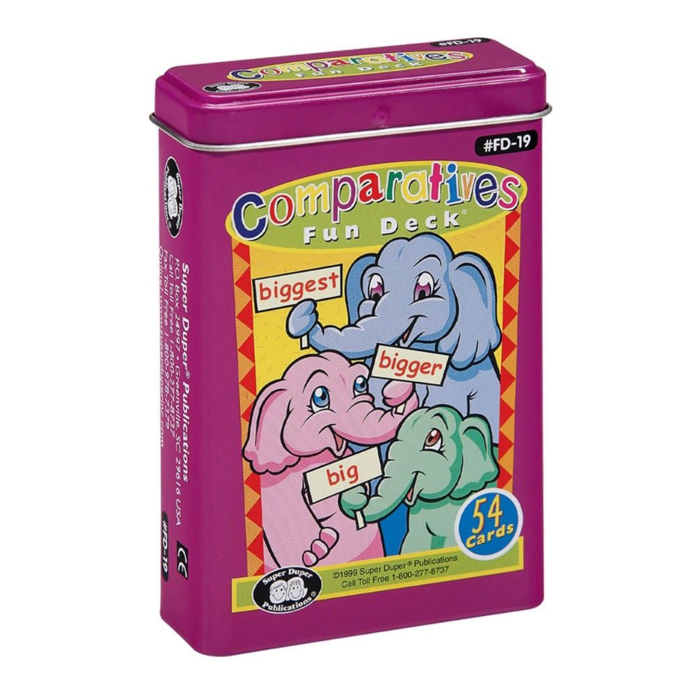 Comparatives Fun Deck, educational grammar flashcards in a sturdy storage tin
