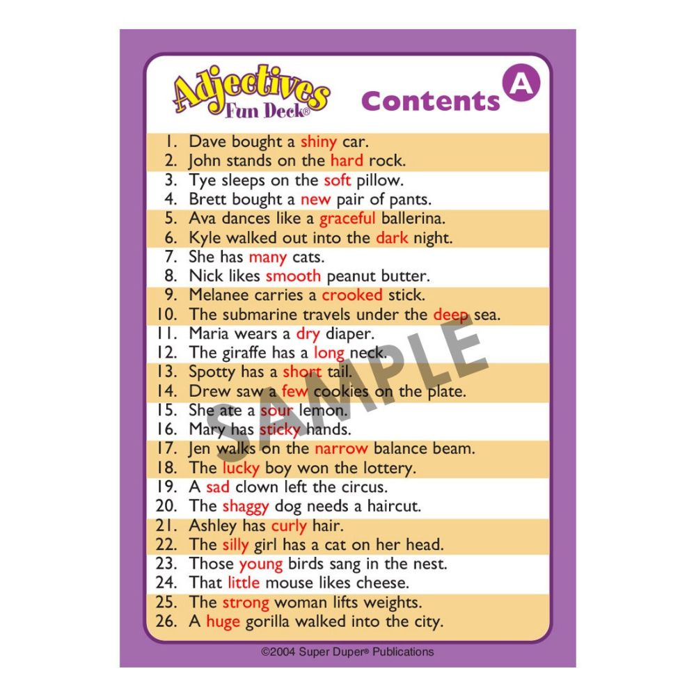 Adjectives Fun Deck, Table of Contents (A)