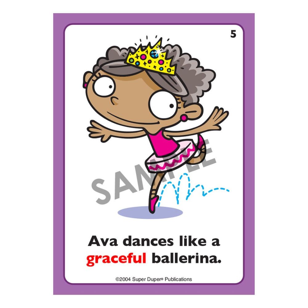 Adjectives Fun Deck, sample card with an illustration of a ballerina which helps teach the adjective "graceful"